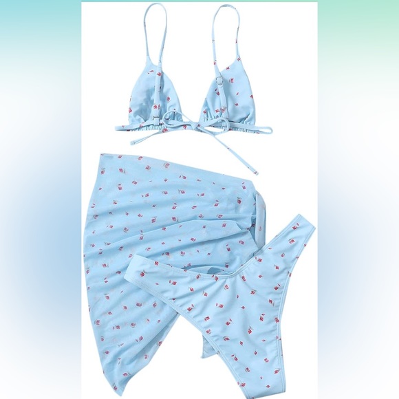 SOLY HUX 3 Piece Triangle Bikini Set with Mesh Cover Up Beach Skirt Blue Floral - Picture 3 of 11